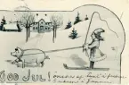 Julkort med svartvitt jul motiv, en gris med bjällra som drar ett barn på skidor. Text längst ner på framsidan och adress på baksidan.