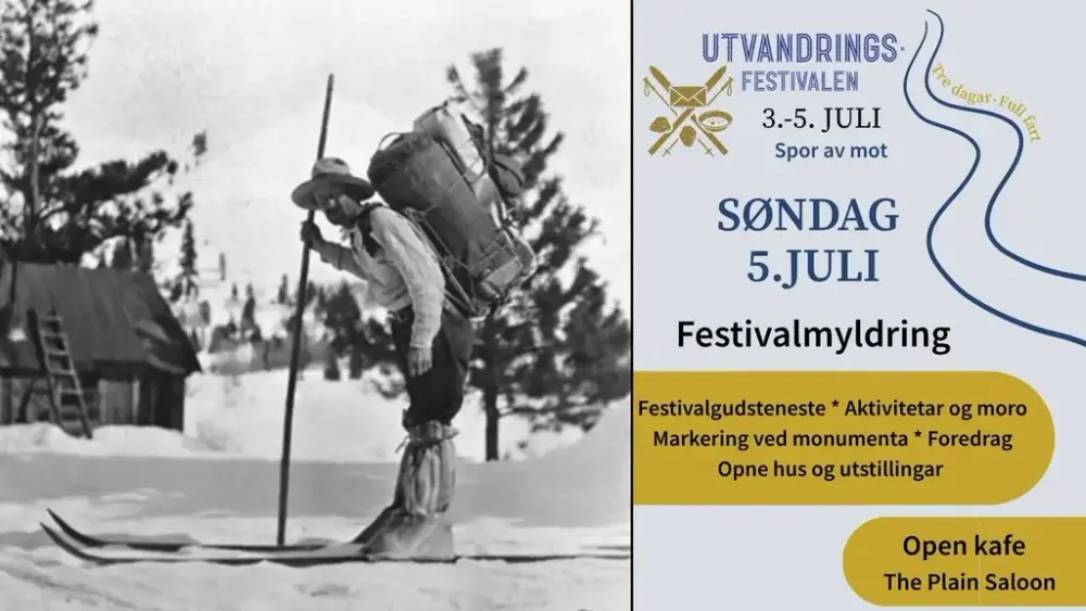 Gammelt svart hvitt foto av en skiløper med svært tung og sto sekk på rggen. Han har lange ski og en skistav