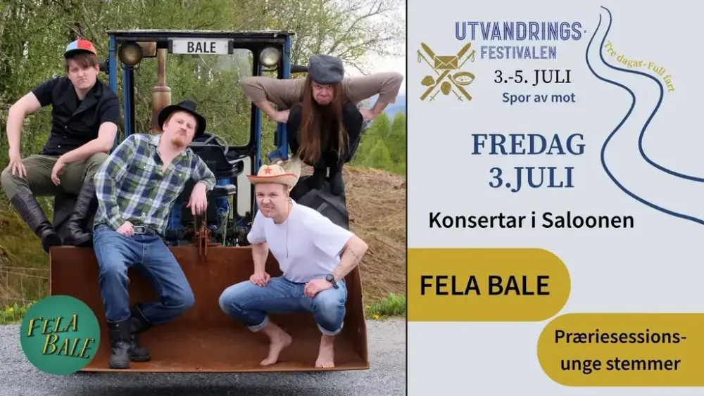 Foto av gruppen Fela bale, som poserer i skuffen og på traktorhjul. De er kledd i caps, cowboyhatter