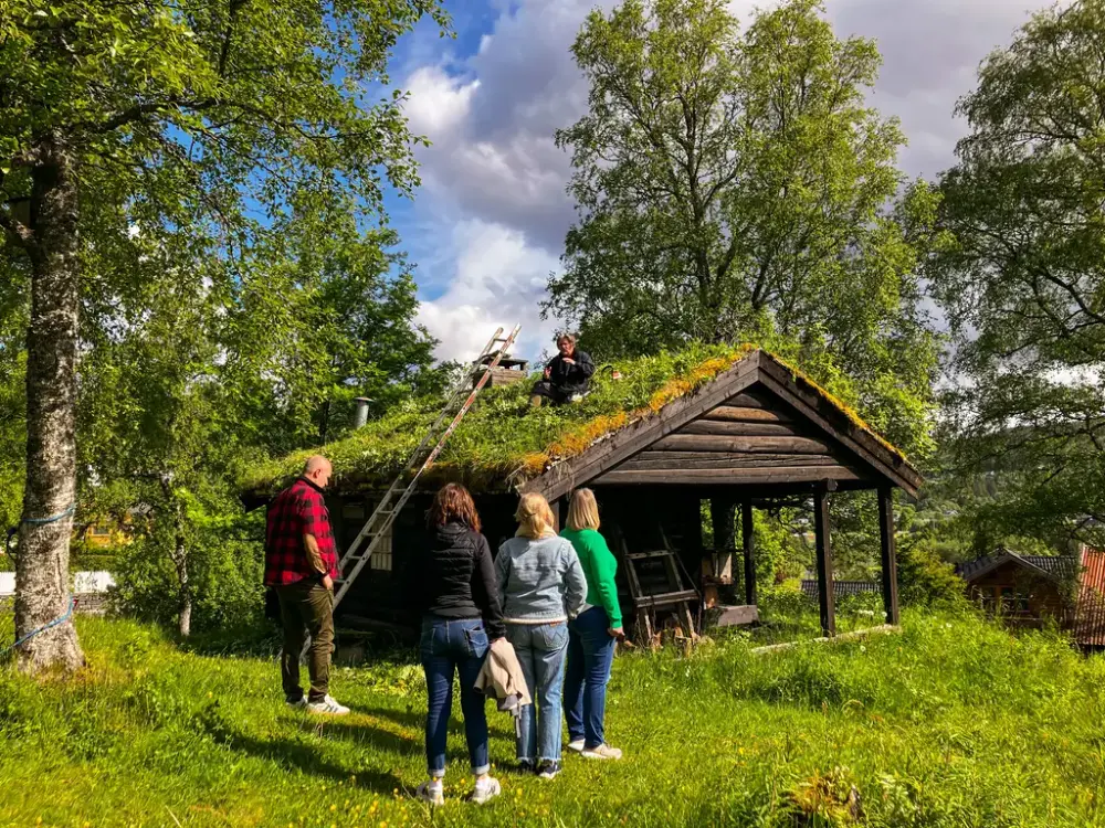 Formidler sitter på et gresstak med fire besøkende som står og hører på. Foto.
