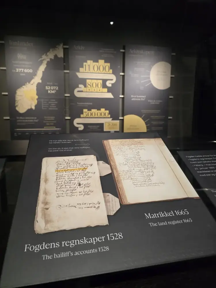 On the back wall you see maps and numbers explaining the origin and purpose of the Nathional Archives. In the front you see two old pages (from 1528 and 1665) telling the story of an old farm.
