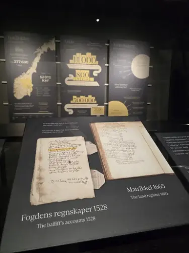 Gamle arkivalia vises i front, på bakveggen vises illustrasjoner over hvem som er arkivskapere.