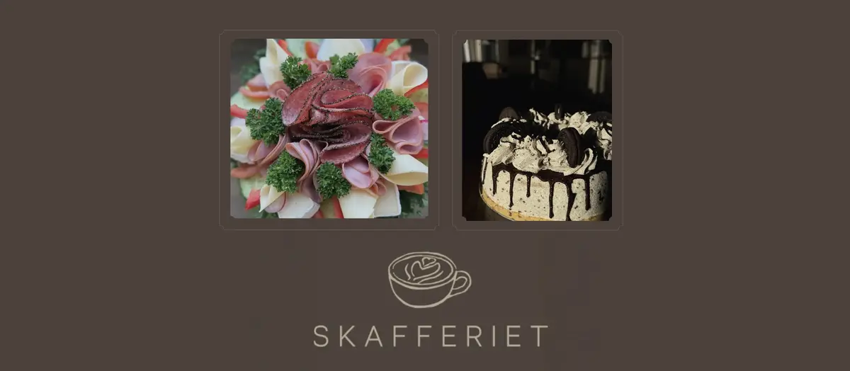 Skafferiets logotyp, bilder på bakverk och mat mot brun botten.