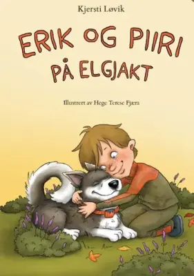 Illustrasjon av elghund og gutt. Forside på boken Erik og Piiri