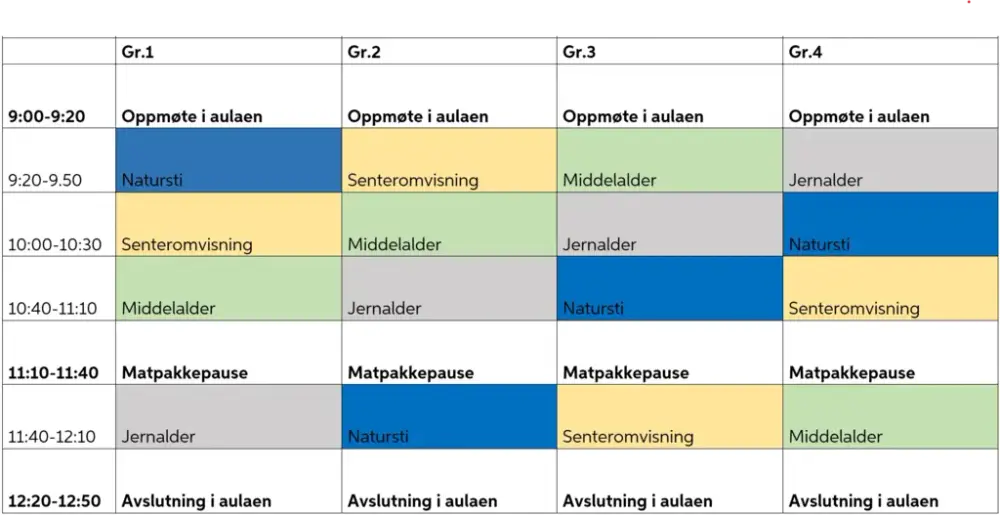 Tabell som viser rullering og tider for ulike aktiviteter under Hamar katedralskoles besøk 2. juni 2026, disse leses også opp ved dagens start.