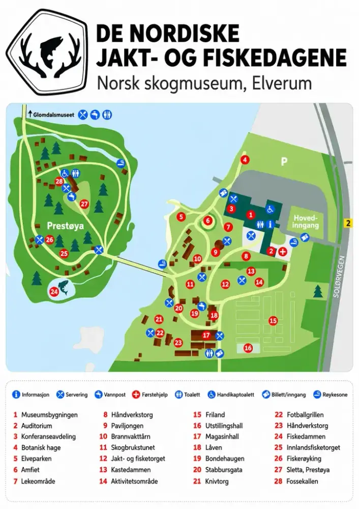 Logo og oversiktskart for arrangementet «DE NORDISKE JAKT- OG FISKEDAGENE» ved Norsk skogmuseum, Elverum.  Øverst vises en logo med en fiskesilhuett mellom gevirer i et sekskantet emblem. Til høyre står teksten:  DE NORDISKE JAKT- OG FISKEDAGENE Norsk skogmuseum, Elverum  Under logoen vises et kart over museumsområdet med bygninger, stier, broer, vannområder, parkering og aktivitetsområder. Kartet er delt av et vann med en øy merket Prestøya på venstre side. Øverst til venstre står Glomdalsmuseet. Til høyre vises parkeringsområde merket P, hovedinngang merket Hovedinngang, og veien SOLØRVEGEN. Områdene og attraksjonene er nummerert fra 1 til 28.  Kartforklaring:  Informasjon Servering Vannpost Førstehjelp Toalett Handikaptoalett Billett/inngang Røykesone  Nummererte steder:  Museumsbygningen Auditorium Konferanseavdeling Botanisk hage Elveparken Amfiet Lekeområde Håndverkstorg Paviljongen Brannvakttårn Skogbrukstunet Jakt- og fisketorget Kastedammen Aktivitetsområde Friland Utstillingshall Magasinhall Låven Bondehaugen Stabbursgata Knivtorg Fotballgrillen Håndverkstorg Fiskedammen Innlandsfisketorget Fiskerøyking Sletta, Prestøya Fossekallen  Kartet viser også flere symboler for servering, vannposter, toaletter, handikaptoaletter, billett-/inngangspunkter, røykesoner, informasjon og førstehjelp fordelt rundt på området. En bro forbinder hovedområdet med Prestøya. Parkeringsområdet ligger øst for hovedinngangen.