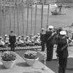 Slupen VASAORDEN lägger till vid Logårdstrappan i samband med drottning Elizabeths statsbesök i Sverige sommaren 1956.