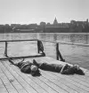 Arbetare vid Stockholms örlogsvarv solar på en brygga under en rast.