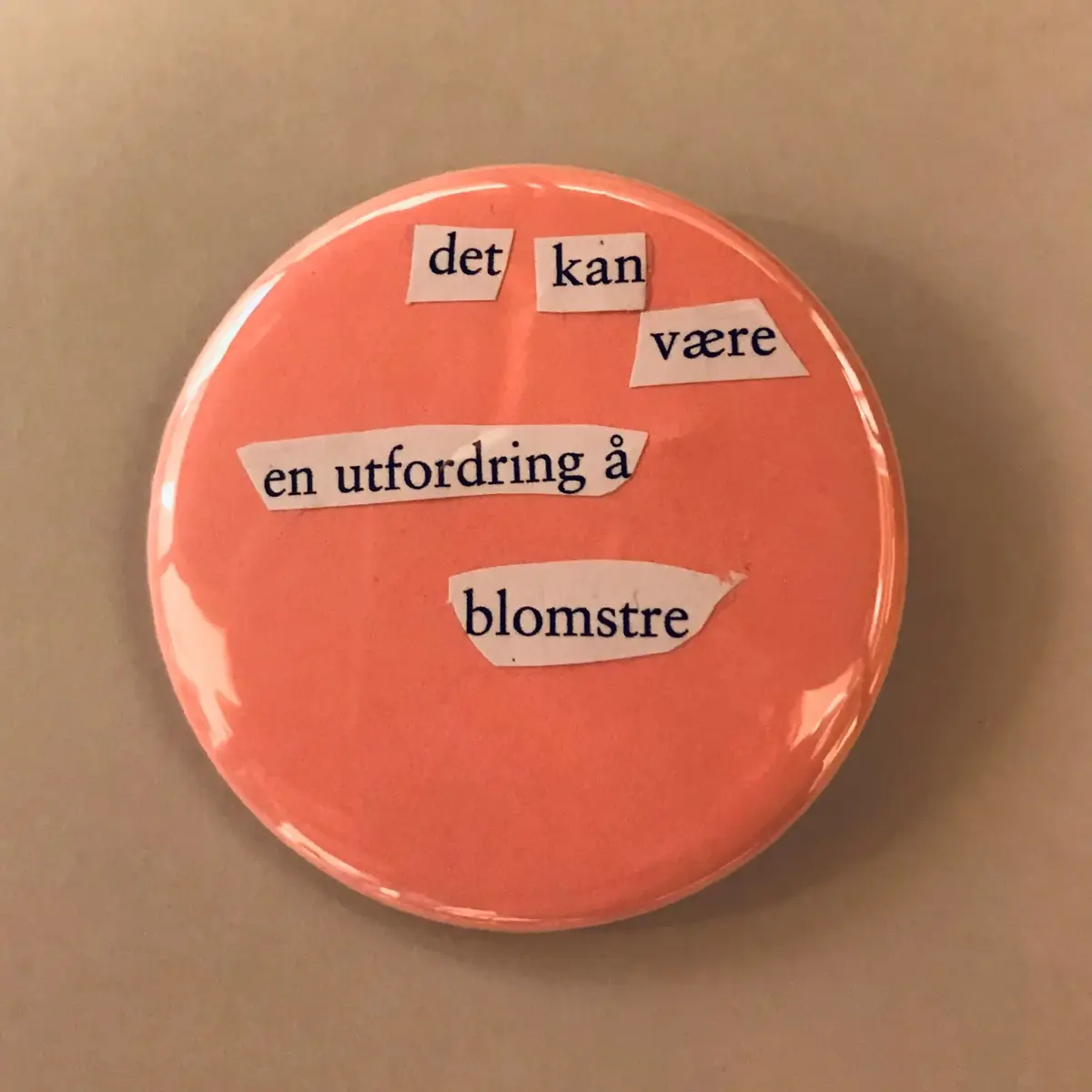  Bildet viser en rødoransje button med pålimte ord klippet ut fra blad eller avis. Det står: det kan være en utfordring å blomstre.