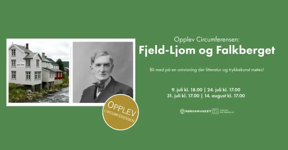 Dette er en infoplakat for omvisningen Fjell-Folk og Falkberget. Den har et bilde av Johan Falkberget og et bilde av avishuset Fjeld-Ljom