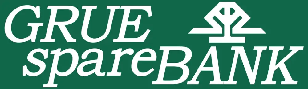 Grønn bakgrunn med hvit skrift: Grue sparebank