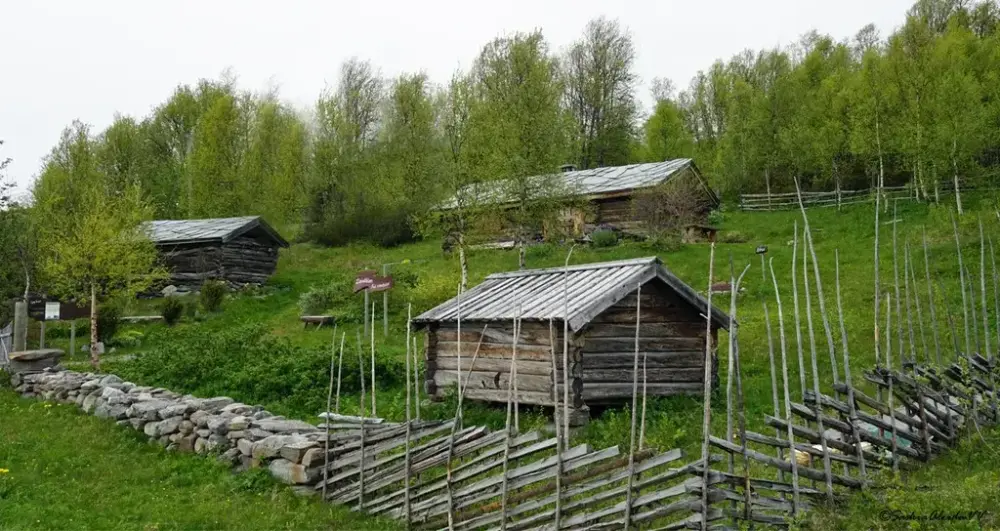 tre stølshus bak en skigard