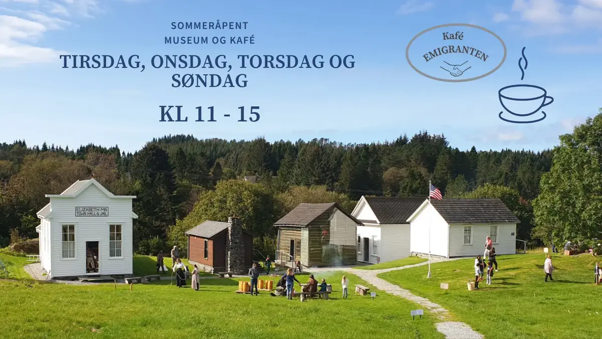 Sommerdag i prærielandsbyen, mange mennesker i aktivitet foran rekken av bygninger fra USA. 