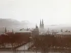 Vy över Uppsala med Domkyrkan i bakgrunden bakom molnen, omkring 1906 (enligt text i album).