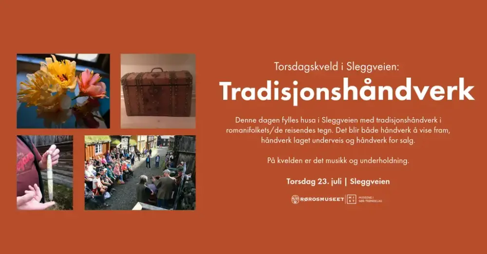 Dette er et infooppslag med tre bilder av forskjellige handverk laget av de reisende, og en tekst som forteller når det er.