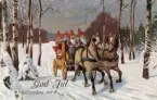 Julkort av tomtenissar på färd med häst och vagn. Julhälsning på baksidan från 