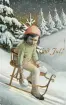 Julkort med motiv av ett barn påväg ner för backe täckt av snö på en spark-släde.