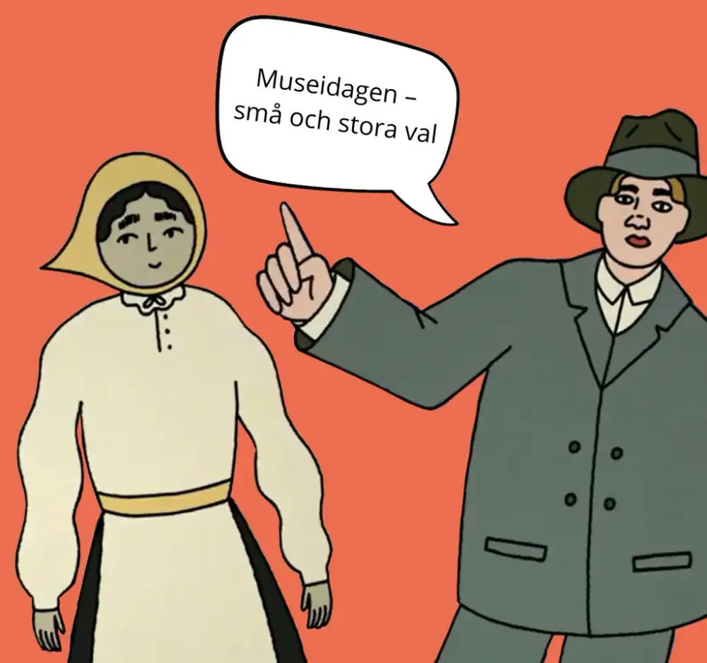 Snickar-Dea och Kai Gullmar i form av tecknade figurer hälsar välkommen till Museidagen