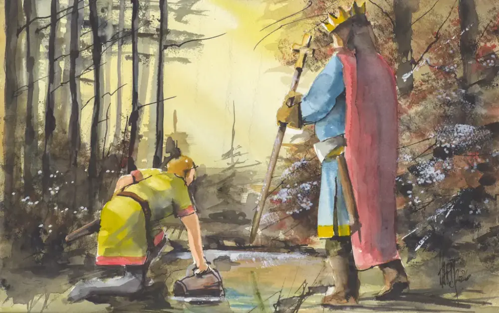 Akvarell som illustrerar Kung Olof och en tjänare som hämtar vatten i en källa i en skogsdunge.