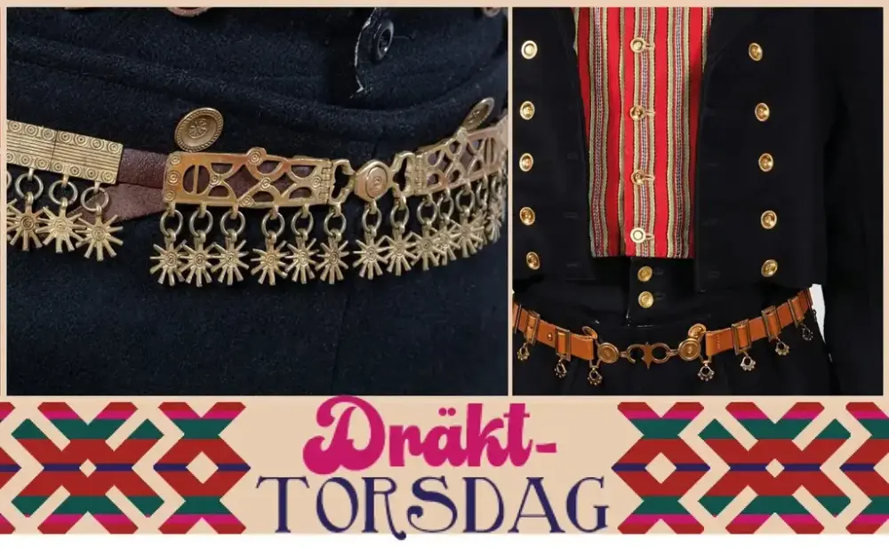 Två närbilder på folkdräkter med olika mönster och knappar.