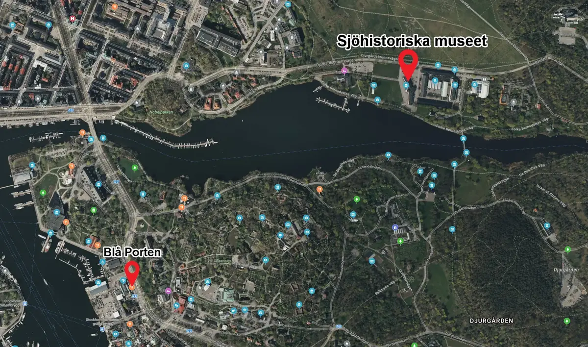 Satellittkart over Djurgården i Stockholm, med både Sjöhistoriska museet og restaurangen Blå porten avmerket