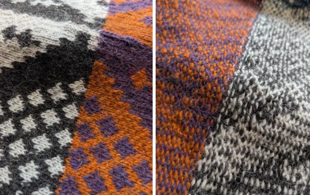Märtastina rät- och avigsida. Inga flotteringar bildas eftersom den färg man inte sticka med binds in i baksidan.