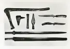 Vapen och verktyg från Bronsåldern, ungefär 1100 f. Kr. vid Pfalbaumuseum, Unteruhldingen, Tyskland.