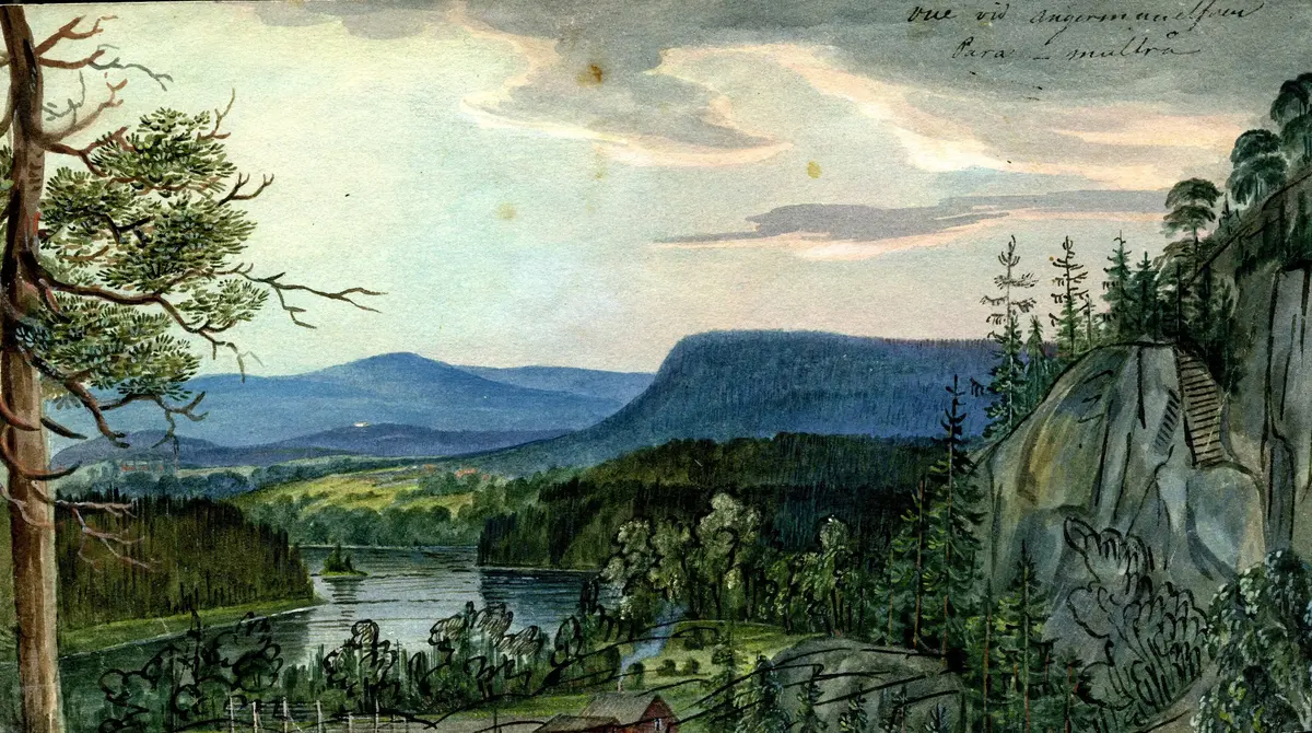 Målning av ett landskap med skog, vatten och berg.