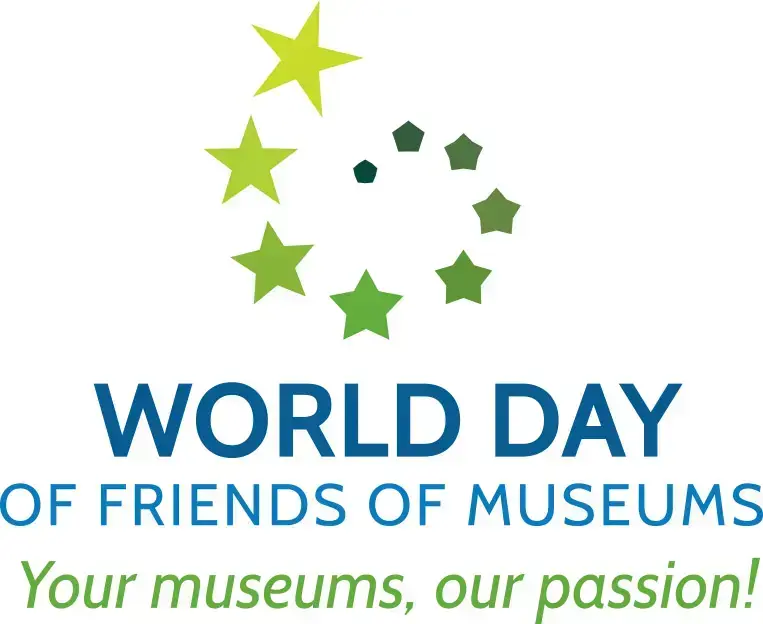En stjernevirvel med sju stjerner og to femkanter innerst i gult og grønt og teksten WORLD DAY | OF FRIENDS  OF MUSEUMS | Your museum, our passion!
