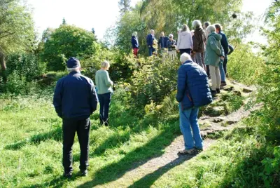 Medlemmer av Domkirkeoddens venner står i en skråning med gres og bringebærkratt, der kastellet på Domkirkeodden lå i middelalderen.