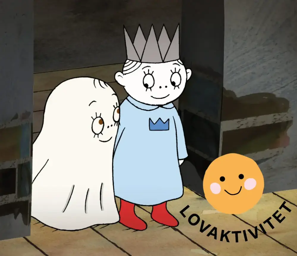 Ett spöke och en person med krona på huvudet och linnet i tecknat.