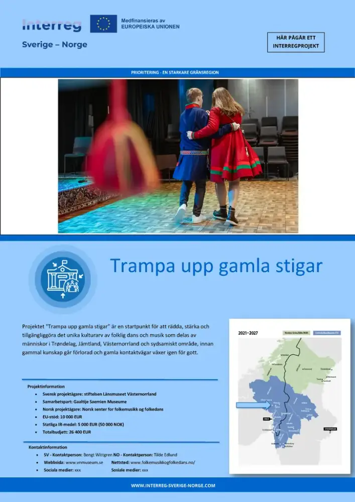 Text med projektinformation och en bild med ett par som dansar i samiska dräkter.