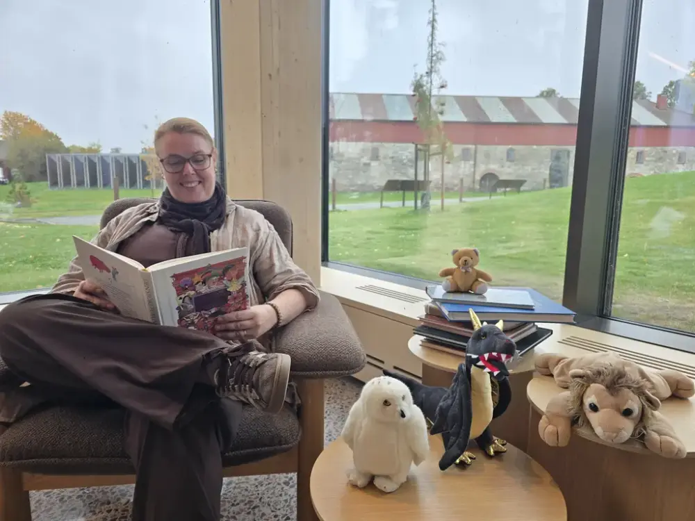 Smilende, voksen dame med brune og beige klær sitter i en lenestol med ene benet over det andre og leser i en eventyrbok. Ved siden av henne på tre små bord ligger en stabel bøker og fire kosedyr; en ugle, en drage, en løve og en teddybjørn. I bakgrunnen vises Storhamarlåven på Domkirkeodden.