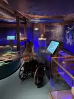 Her ser vi en jente i rullestol som sitter og leser på monitoren i utstillingen verden under vann