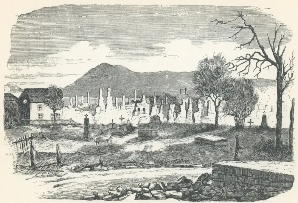 Branntomter etter bybrannen i 1858. Tegnet fra omtrent der paviljongen er i dag mot Enggaden.